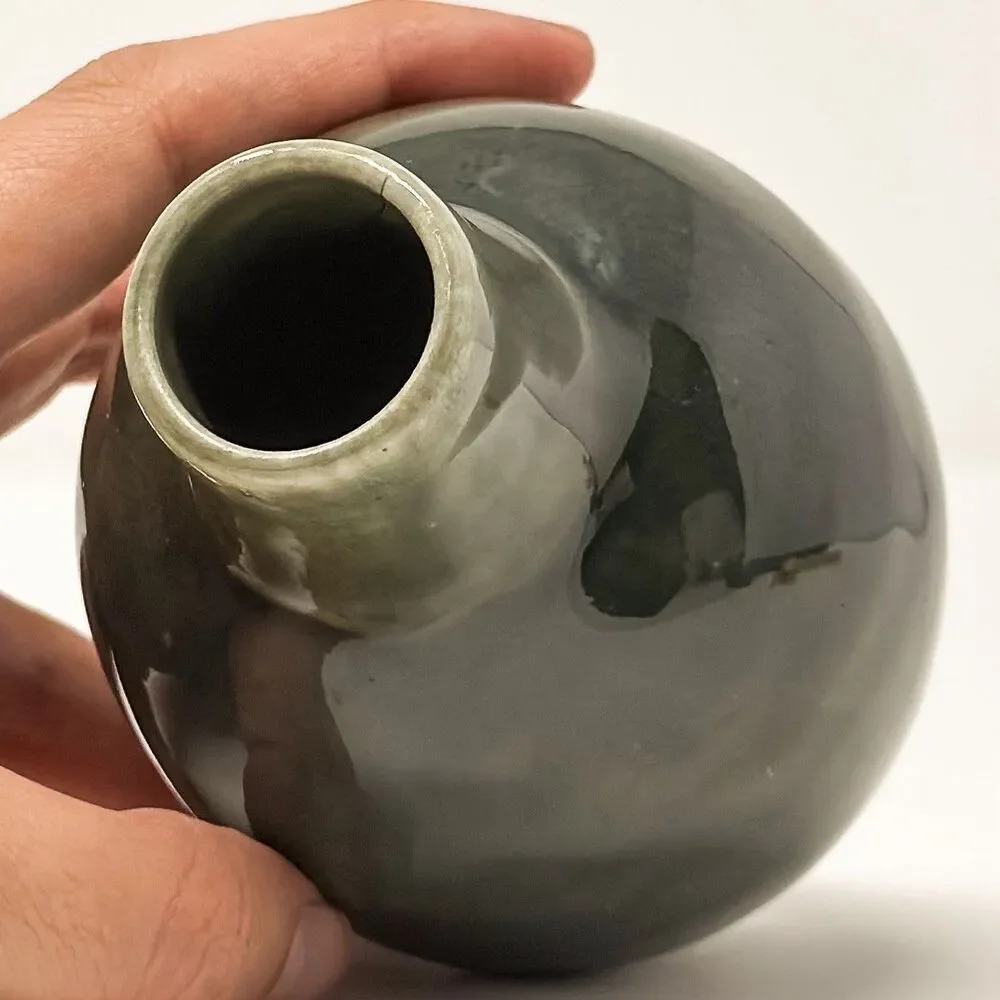 Vintage Dark Green Ceramic Bud Vase Minimalist Glossy Small Decor